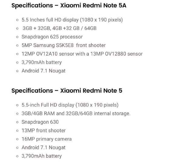 Redmi Note 5 and 5A specs sheet according to Weibo