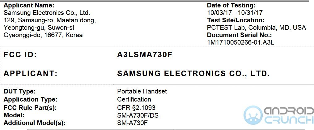 Galaxy A7 2018 SM-A730F FCC
