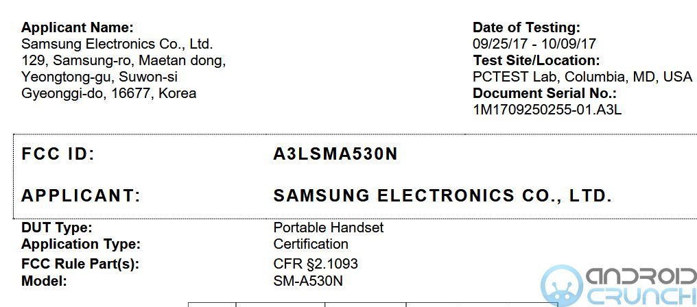 Samsung Galaxy A5 2018 SM-A530N FCC