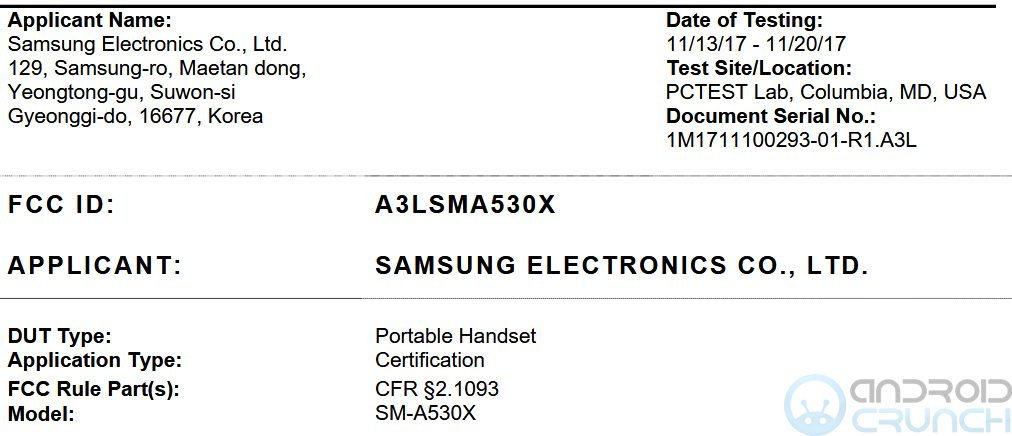 Samsung Galaxy A5 2018 (SM-A530X) FCC