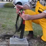 A fiber internet technician kneels on the ground to install fiber cable to an outdoor connection box.
