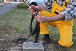 A fiber internet technician kneels on the ground to install fiber cable to an outdoor connection box.
