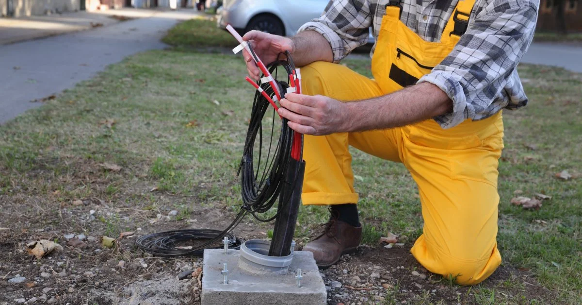 What You Can Expect During a Fiber Internet Installation 1 A fiber internet technician kneels on the ground to install fiber cable to an outdoor connection box.
